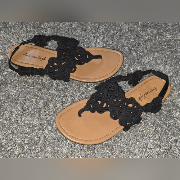 American Eagle Womens Black Woven Braided Sling Back Thong Flats Sandals Size 7 - Picture 2 of 6